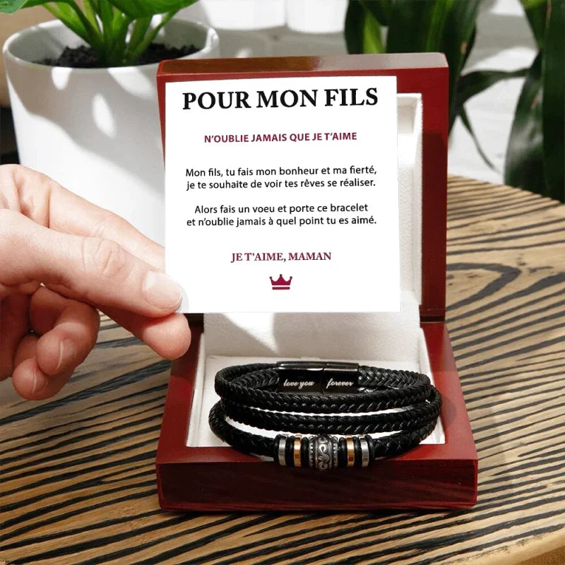 Bracelet En Cuir Tressé - Cadeau De Maman Pour Son Fils Fais Un Voeu Jewelry