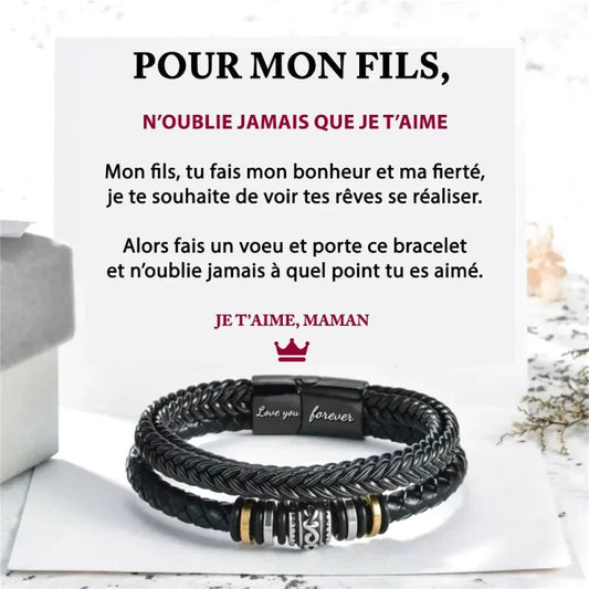Bracelet En Cuir Tressé - Cadeau De Maman Pour Son Fils Fais Un Voeu Jewelry