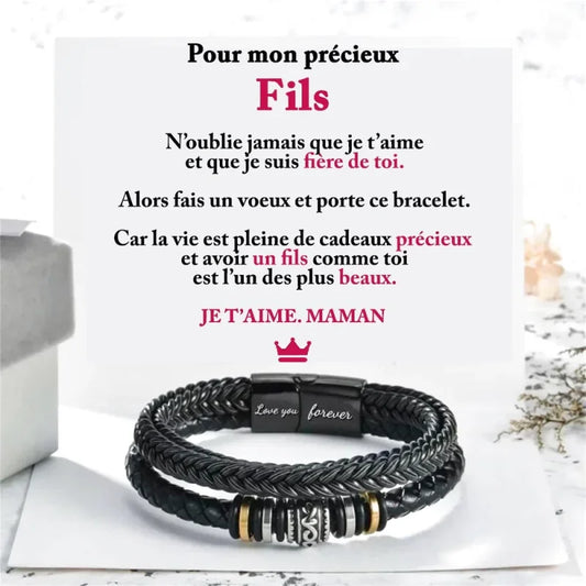 Bracelet En Cuir Tressé - Cadeau De Maman Pour Son Fils Fais Un Voeux Jewelry