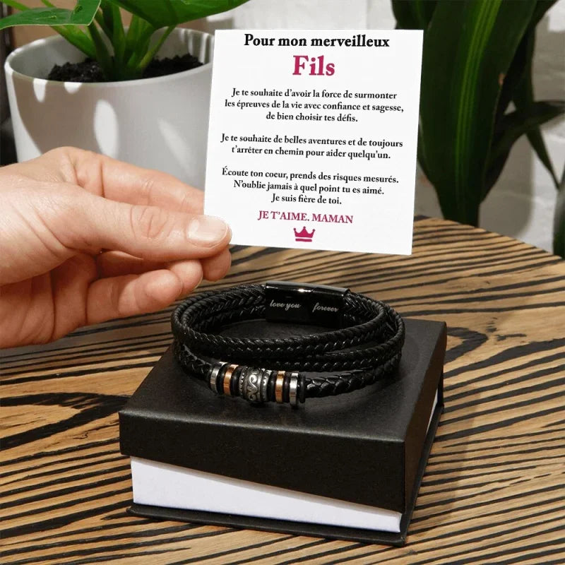 Bracelet En Cuir Tressé - Cadeau De Maman Pour Son Fils Mes Souhaits Bonheur Jewelry