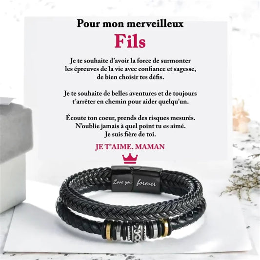 Bracelet En Cuir Tressé - Cadeau De Maman Pour Son Fils Mes Souhaits Bonheur Jewelry