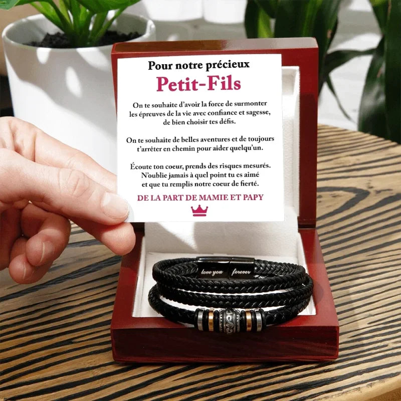 Bracelet En Cuir Tressé - Cadeau De Mamie Et Papy Pour Leur Petit - fils Nos Souhaits Bonheur Jewelry